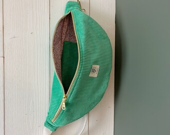 Sac Banane Velours côtelé couleur vert pomme, sangle réglable coton lurex, cadeau femme