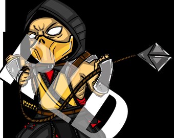 May include: A cartoon illustration of a character from the Mortal Kombat video game series. The character is wearing a black hooded outfit, a yellow mask, and a red and yellow belt. The character is holding a rope with a sharp object attached to the end.