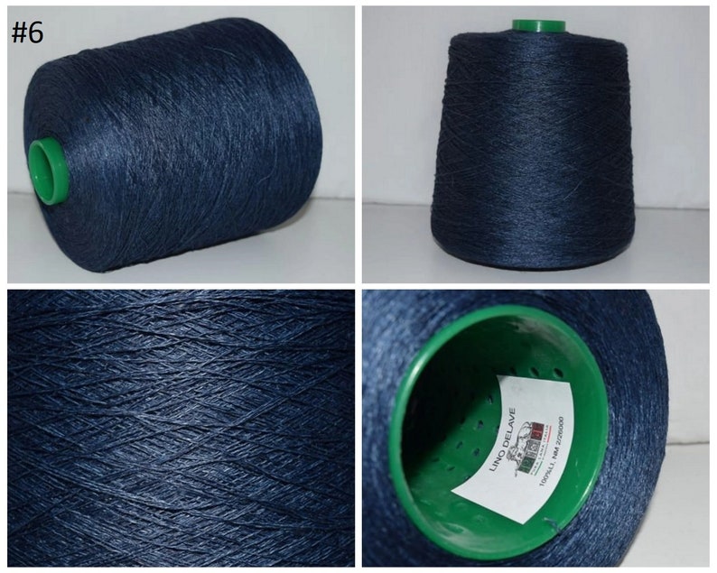 May include: A spool of dark blue linen thread with a green label that reads "Lino Delave" and "100% LIN 144 2200000".