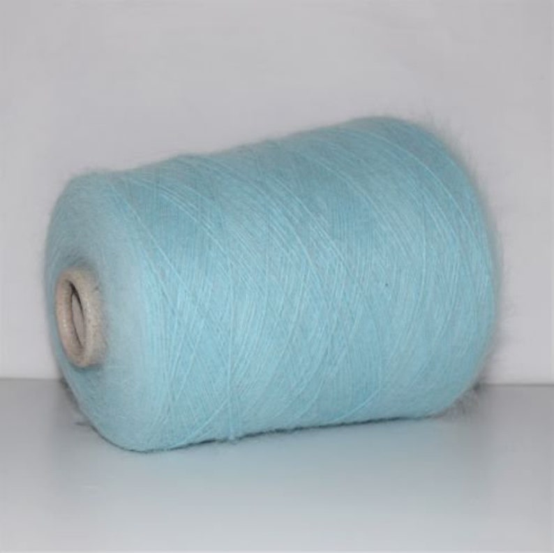 May include: A skein of light blue yarn, wound on a cardboard spool.