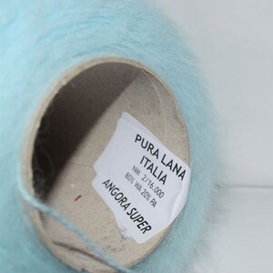 May include: A skein of light blue yarn labelled "PURA LANA ITALIA NM 2/16.000 80% WA 20% PA ANGORA SUPER".