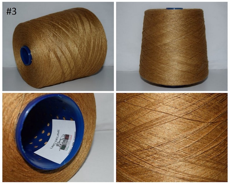 May include: A spool of brown linen yarn, labeled "Lino Delave", with a blue plastic bobbin.