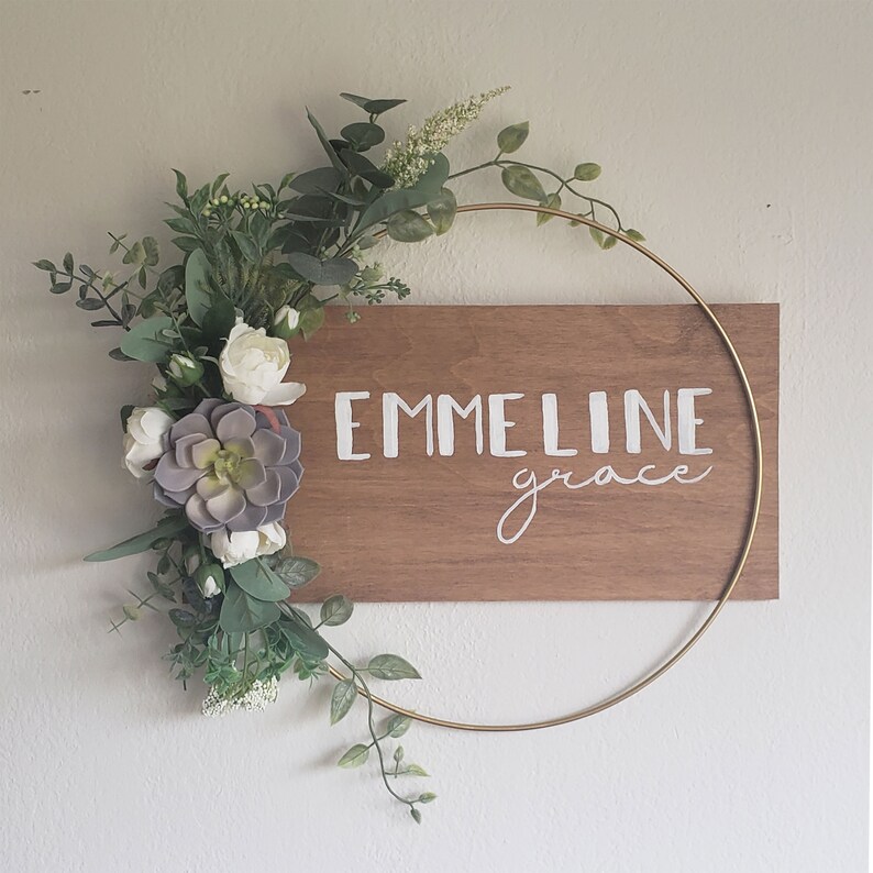 Flower Name Sign Wreath Gold Hoop and Wood Sign With Hand Etsy