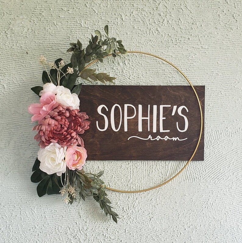 Flower Name Sign Wreath Gold Hoop and Wood Sign With Hand Etsy