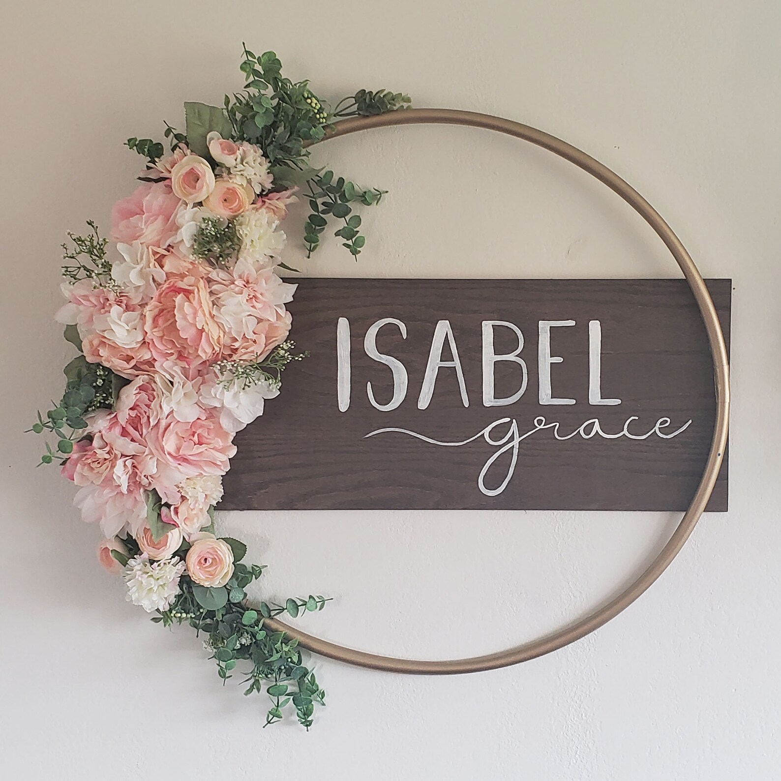 Flower Name Sign Wreath Gold Hoop and Wood Sign With Hand Etsy