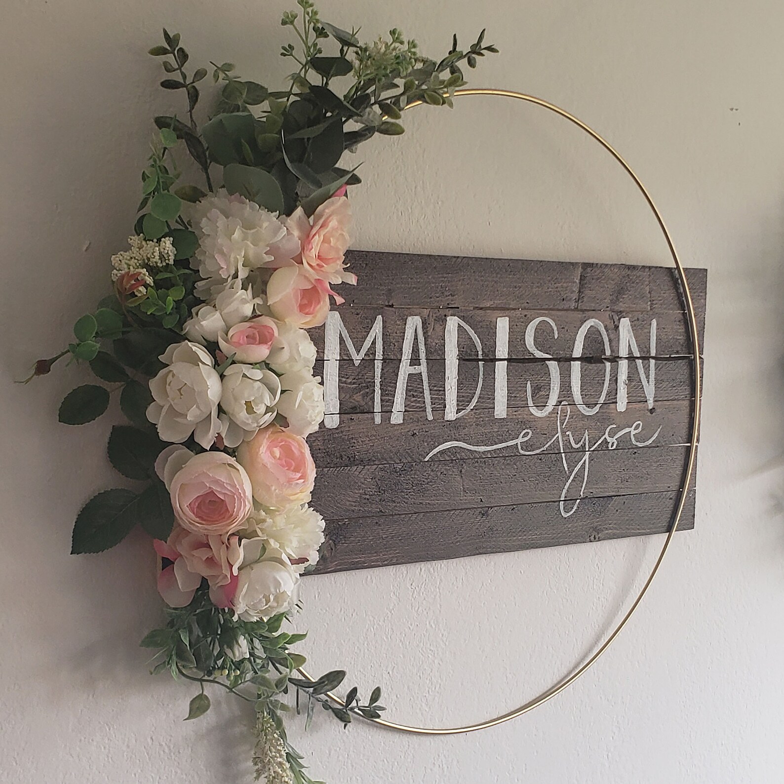 Flower Name Sign Wreath Gold Hoop and Wood Sign With Hand Etsy