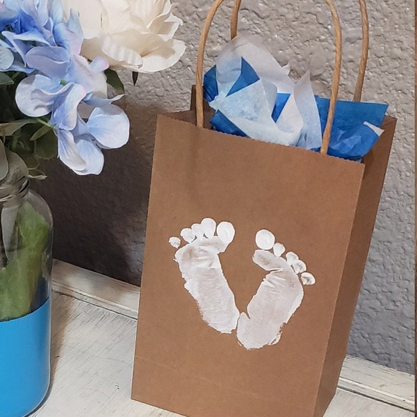 Baby Shower Gift Bag favor thank you bag for guests Bag with Hand Painted Baby footprints and Tissue Paper Recycled Kraft Paper Bag