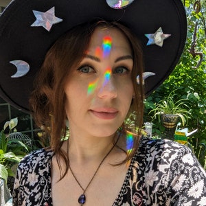 Custom made to order wide brim rainbow prism hat. Prices may vary. Celestial Suncatcher wide brim festival fedora hat.