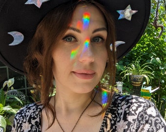 Custom made to order wide brim rainbow prism hat. Prices may vary. Celestial Suncatcher wide brim festival fedora hat.