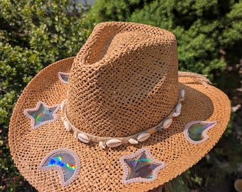 Pre-order Celestial Suncatcher straw cowboy hat, with rainbow suncatchers moons and stars tan hemp seashell band one size small-large.