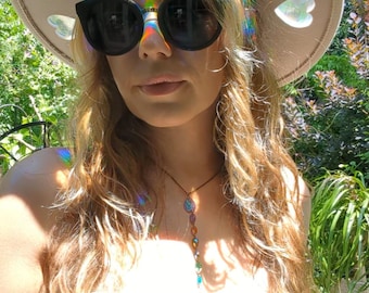 Rainbow Suncatcher Fedora Hat: Cream Wide Brim Celestial Festival Hat