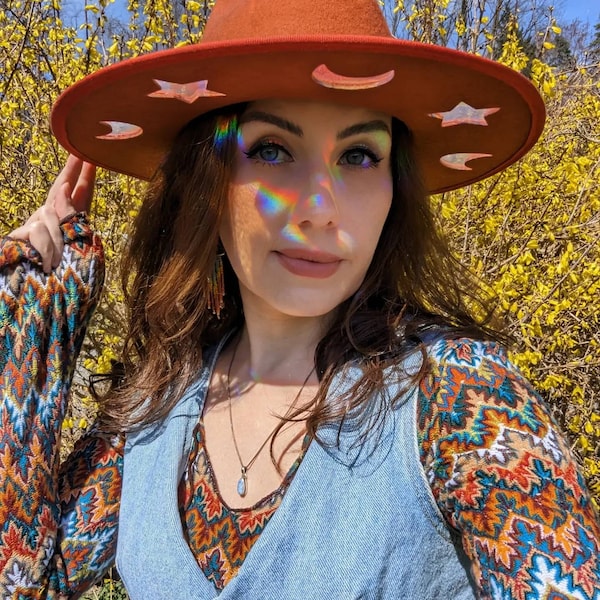 Celestial Suncatcher prism fedora wide brim hat burnt orange rust cosmic medium 22" stiff brim moon and stars