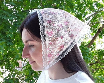 Triangle head scarf/ Lace hair bandana kerchief with ties/ Pink floral bandana Cottagecore/ Church head covering/ Babushka/ Lolitafashion