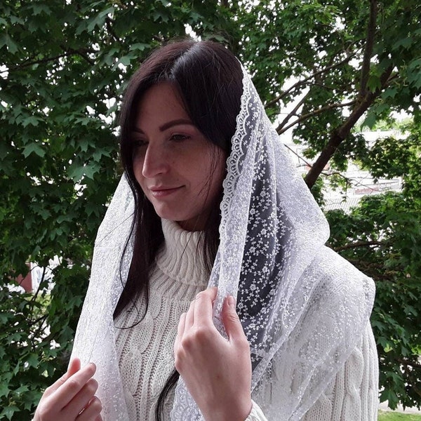 Chapel veil infinity/ Church head covering/ Sheer head scarf lace floral/ Orthodox wedding mantilla bridal veil