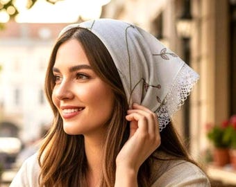 Cotton Church Head Covering: Sequin Flowers Embroidered Chapel Veil, Triangle headscarf with Ties