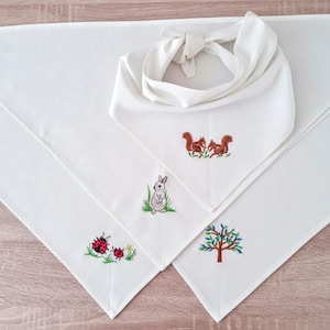 Squirrel Embroidered Linen Hair Bandana: Triangle Head Scarf, Whimsy Personalized Gift