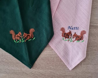 Squirrel Embroidered Linen Hair Bandana: Triangle Head Scarf, Whimsy Personalized Gift