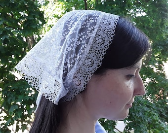 White Embroidered Lace Bandana, Triangle Head Scarf with Ties: Romantic Hair Kerchief