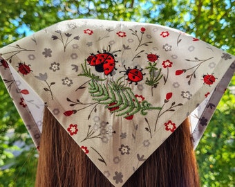 Ladybug bandana embroidered/ Triangle headscarf with ties/ Beach head covering scarf/ Fairy Grunge/ Mori Kei/ Gardening gift for Mom/ Sister