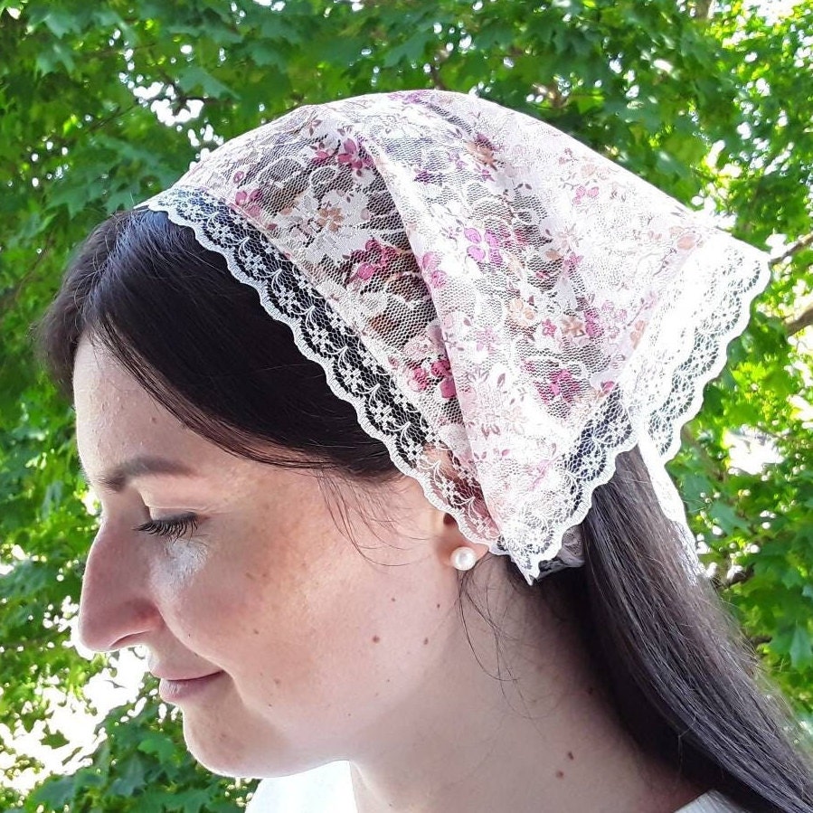 Silk- satin triangle head scarf, mushroom bandana with lace and