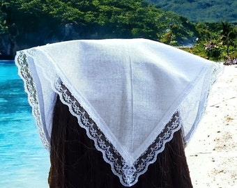 Coquette Linen Hair Bandana: White Lace Triangle Head Scarf with Ties