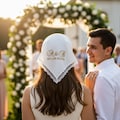 Personalized Linen Hair Bandana Triangle: Embroidered Bride & Groom Initials, Wedding Head Scarf product logo