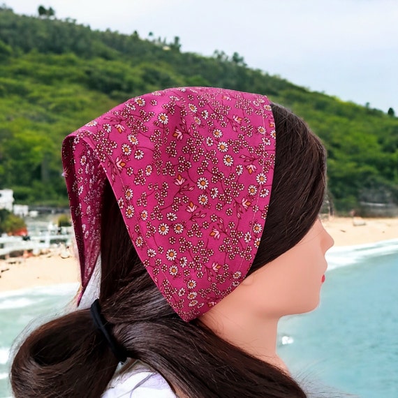 Pink Floral Triangle Head Scarf/ Cotton Hair Bandana With