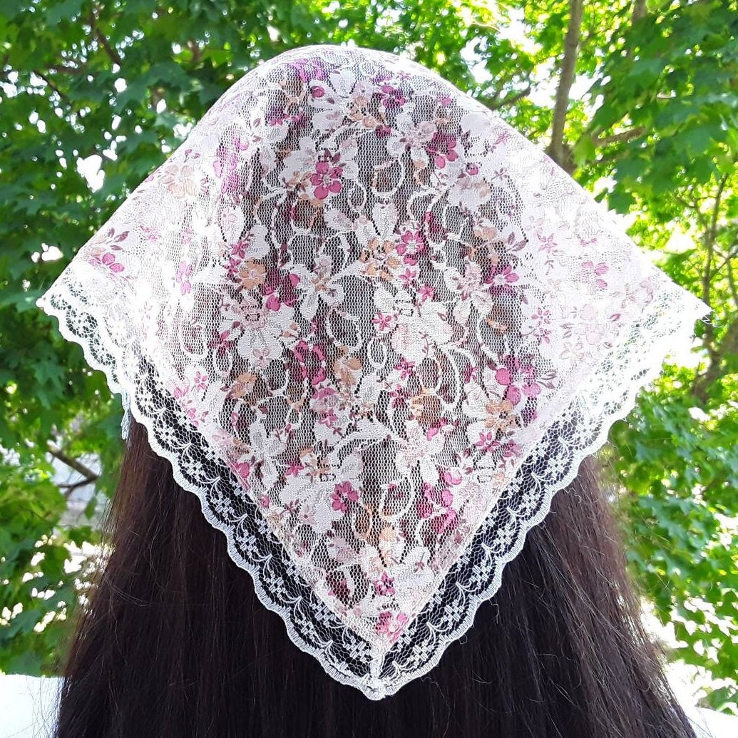 Triangle Head Scarf/ Pink Floral Lace Hair Bandana Kerchief