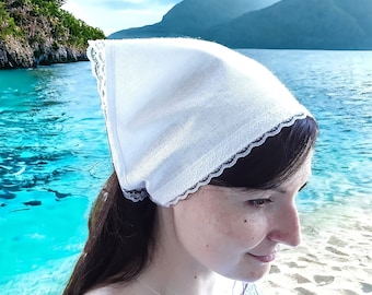 Linen & Lace Triangle Head Scarf Tie: White Coquette Hair Bandana
