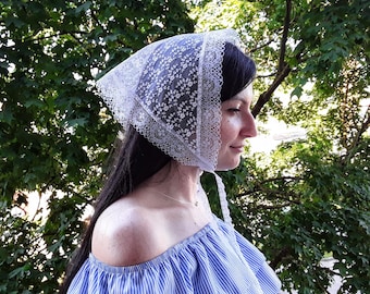 Sheer Lace Triangle Head Scarf: Embroidered Floral Hair Kerchief with ties, Coquette Wedding