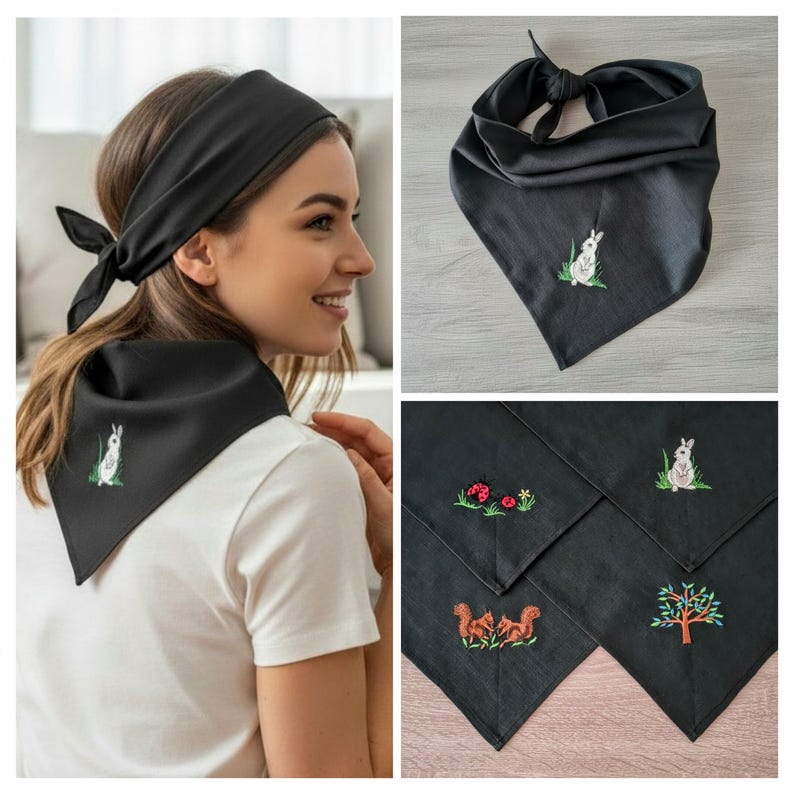 Embroidered Linen Hair Bandana: Woodland, Fairy, Mori Kei Style, Triangle Headscarf, Dog & Owner Gift