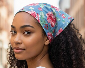 Blue Floral Head Scarf: Triangle Hair Bandana with Ties, College Gift for Daughter
