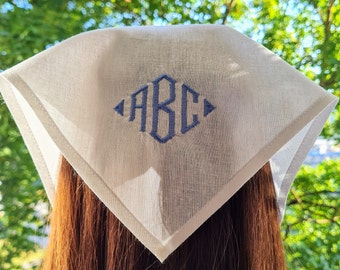 Custom monogram embroidered bandana/ Linen Headscarf triangle/ Personalized white head scarf tie/ Wedding Church Presents for Mom/ Sister