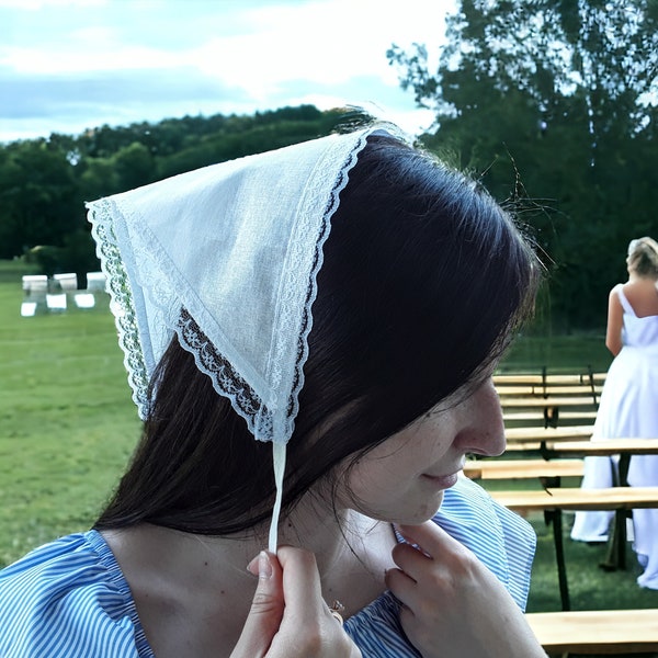 Church head covering/ Mantilla Chapel veil for mass/ Orthodox Christian Wedding head cover gift/ Triangle linen bandana headscarf with ties