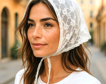 White Lace Hair Scarf: Coquette Floral Embroidered Bandana with Ties