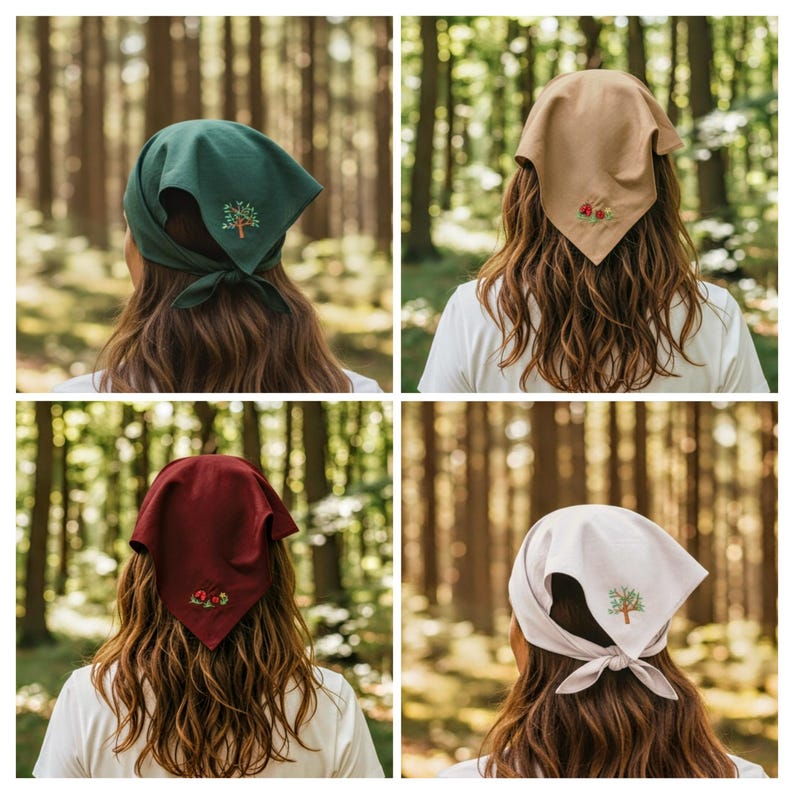 Embroidered Linen Hair Bandana: Whimsy Triangle Headscarf, Personalized Gift