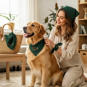 Bandana pour cheveux en lin brodé coccinelle, foulard cottagecore, cadeau pour chien et propriétaire