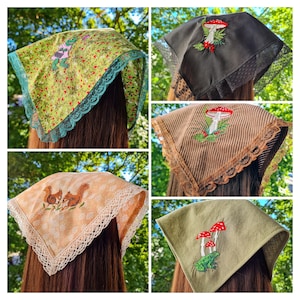 Mushroom bandana embroidered/ Triangle headscarf with ties/ Beach/ Gardening cotton head scarf/ Fairy Grunge Woodland Mori Kei clothing