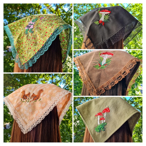 Mushroom bandana embroidered/ Triangle headscarf with ties/ Beach/ Gardening cotton head scarf/ Fairy Grunge/ Woodland/ Mori Kei clothing