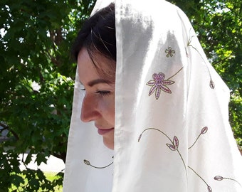 Church head covering/ Catholic chapel veil mantilla for mass with lilac sequin flowers/ Cotton infinity headscarf for women/ prayer shawl