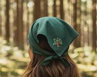 Linen Hair Bandana, Triangle Head Scarf Custom Embroidered, Whimsy Fall, Summer Hostess Gift