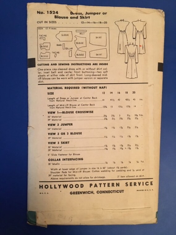 40 S Hollywood Sewing Pattern 1524 Etsy