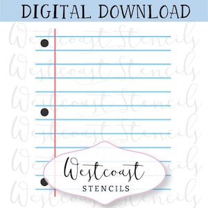 以下が含まれることがあります： 青い水平線と赤い垂直マージン線が入った、罫線入り用紙のデザインのデジタルダウンロード画像です。画像には上部に「DIGITAL DOWNLOAD」というテキストと「Westcoast STENCILS」というロゴが含まれています。