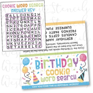 May include: A printable birthday cookie word search game. The game features a colorful design with balloons, party hats, and stars. The game includes a word search puzzle with 12 birthday-themed words to find. The text on the game says "Birthday Cookie Word Search" and "Can you find the 12 birthday words?"