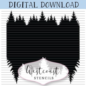 May include: Black and white silhouette of a forest with a white background. The silhouette is on a lined background. The text "Westcoast Stencils" is in a white oval with a pink outline.