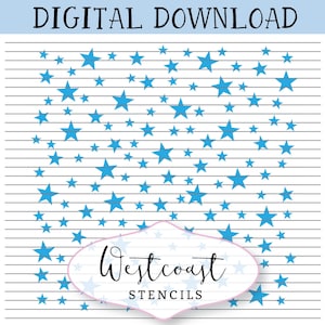 Könnte beinhalten: Digitaler Download mit einem Muster aus blauen Sternen, die auf einem weißen Hintergrund mit grauen horizontalen Linien verstreut sind. Der Text "DIGITAL DOWNLOAD" steht oben und "Westcoast STENCILS" in einem dekorativen Etikett unten.