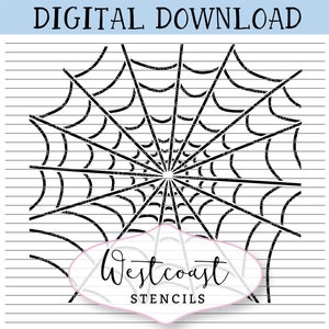 May include: Black and white spider web stencil design. The design is a simple, classic spider web with a circular shape and radiating lines. The stencil is perfect for creating Halloween decorations or adding a spooky touch to any project.