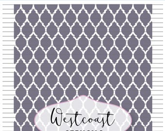 May include: Digital download stencil featuring a repeating pattern of white, stylized quatrefoil shapes on a gray background. The words "DIGITAL DOWNLOAD" are at the top, and "Westcoast STENCILS" is in a pink and white banner at the bottom.