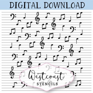 May include: A digital download of a set of music note stencils. The stencils include treble clefs, quarter notes, eighth notes, and whole notes. The stencils are black and white and are on a white background.