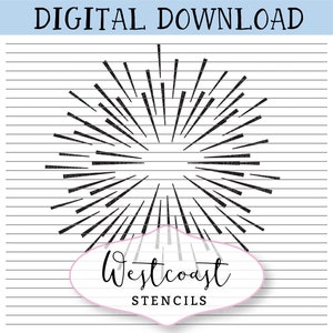May include: Black and white sunburst design with a white background. The design is a circle with lines radiating outwards. The text "Westcoast Stencils" is below the design.